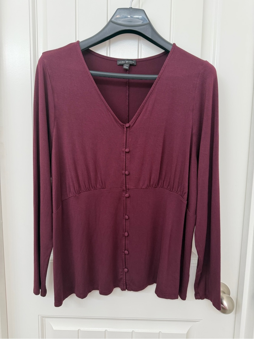 Lane Bryant Burgundy Long-Sleeve V-Neck Button Front Top